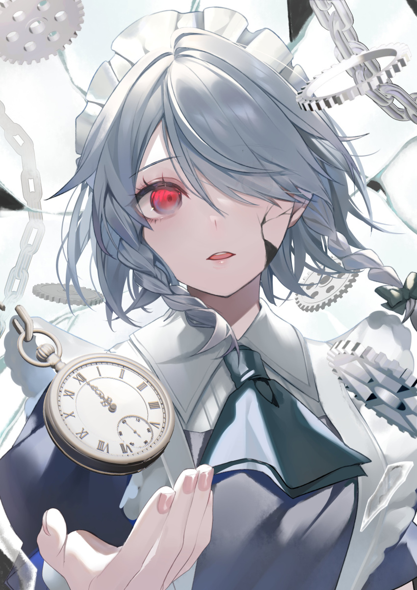 1girl absurdres ascot braid chain clock_hands collared_shirt cracked_skin daimaou_ruaeru gears glass_shards green_ascot green_ribbon grey_hair hair_over_one_eye hair_ribbon highres izayoi_sakuya lips looking_at_viewer maid_headdress medium_hair parted_lips pink_nails pocket_watch red_eyes ribbon roman_numeral shirt short_hair sidelocks solo touhou tress_ribbon twin_braids watch white_shirt wing_collar