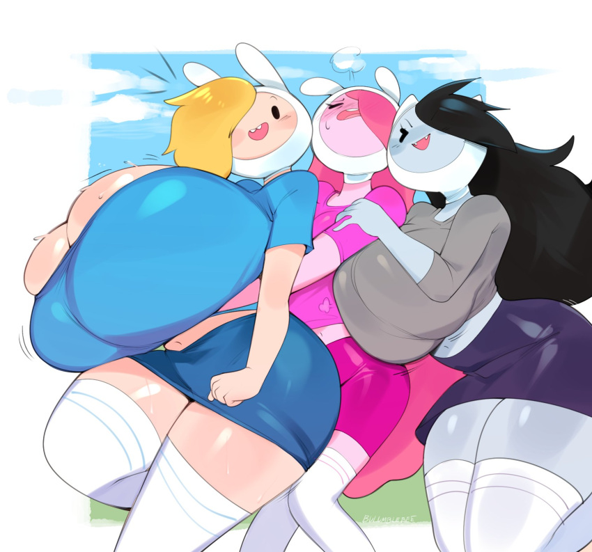 adventure_time big_breasts big_butt blonde_hair blush bodily_fluids bottomwear breast_size_difference breast_squish breasts bulumble-bee butt cartoon_network clothed clothing curvy_figure digital_media_(artwork) female fionna_the_human group group_sex hair headgear headwear hi_res huge_breasts huge_butt human humanoid looking_at_viewer mammal marceline_abadeer not_furry open_mouth pink_body pink_hair princess_bubblegum sandwich_position sex simple_background smile squish sweat teeth text thick_thighs topwear trio undersized_clothing voluptuous wide_hips
