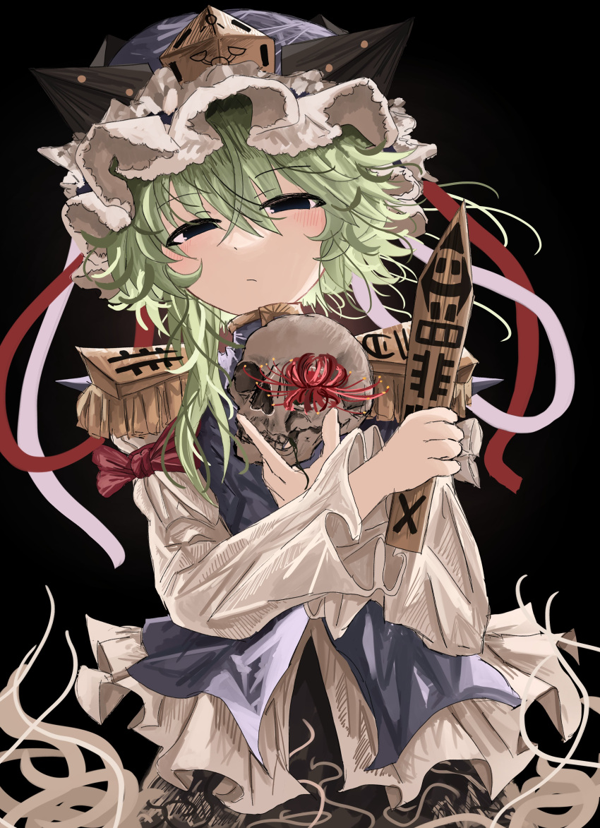 1girl absurdres asymmetrical_hair black_eyes blue_headwear closed_mouth commentary english_commentary epaulettes flower frilled_hat frills green_hair hair_between_eyes hat hat_ribbon highres holding holding_skull long_sleeves looking_at_viewer medium_hair ougiikun ribbon rod_of_remorse shiki_eiki skull solo spider_lily touhou upper_body