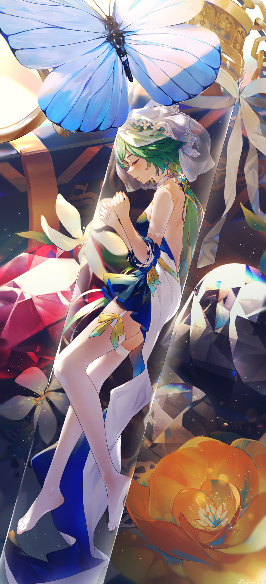 1girl absurdres alternate_costume animal_ears bare_shoulders barefoot blue_dress breasts bridal_veil closed_eyes crystal detached_sleeves dog_ears dress expressionless feet flower garter_straps genshin_impact giant_insect gold_trim green_hair hair_between_eyes highres legs no_shoes small_breasts solo sucrose_(genshin_impact) swkl:d test_tube thighhighs toes tube veil white_thighhighs