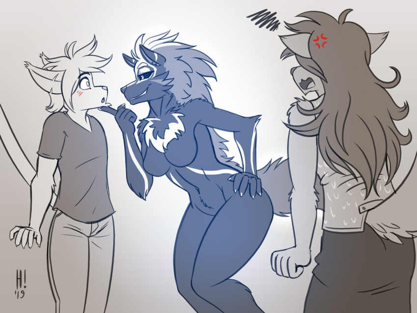 angry anthro athletic athletic_anthro athletic_female basitin black_sclera blush bottomwear breasts brown_hair canid canine canis chest_tuft clothed clothing cosmic_wolf_(voltron) cross-popping_vein curvy_female curvy_figure dark_body dark_fur denim denim_bottomwear denim_clothing female finger_on_chin fist flirting fluffy fluffy_hair fluffy_mane fluffy_tail fur furgonomic_topwear furgonomics grin hair hand_on_hip heresy_(artist) jeans keith_keiser kosmo_(voltron) light_hair male male/female mammal medium_breasts narrowed_eyes natani nude open_mouth pants raised_tail shirt simple_background skirt small_waist smile snout striped_body stripes surprise surprised_expression t-shirt tail teasing thin_tail topwear tuft twokinds watermark webcomic white_body white_fur wolf