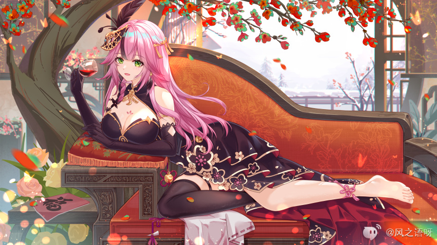 1girl bare_shoulders barefoot black_dress black_gloves black_thighhighs breasts chaise_longue cleavage cleavage_cutout clothing_cutout cup dress drinking_glass elbow_gloves feather_hair_ornament feathers feet feng_zhi_yu_ya gloves gold_trim green_eyes hair_ornament hand_up highres holding holding_cup lan_(tower_of_fantasy) large_breasts long_hair looking_at_viewer lying mask mask_on_head multicolored_hair on_side open_mouth petals pink_hair reclining single_thighhigh sleeveless sleeveless_dress smile solo streaked_hair thighhighs tower_of_fantasy tree wine_glass