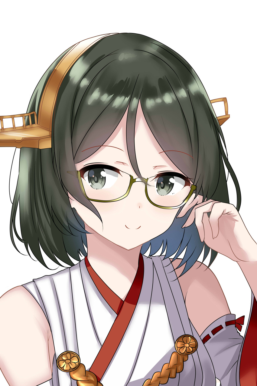 1girl absurdres adjusting_eyewear black_eyes black_hair detached_sleeves glasses green-framed_eyewear headgear highres himura_moritaka japanese_clothes kantai_collection kirishima_(kancolle) nontraditional_miko ribbon-trimmed_sleeves ribbon_trim short_hair smile solo