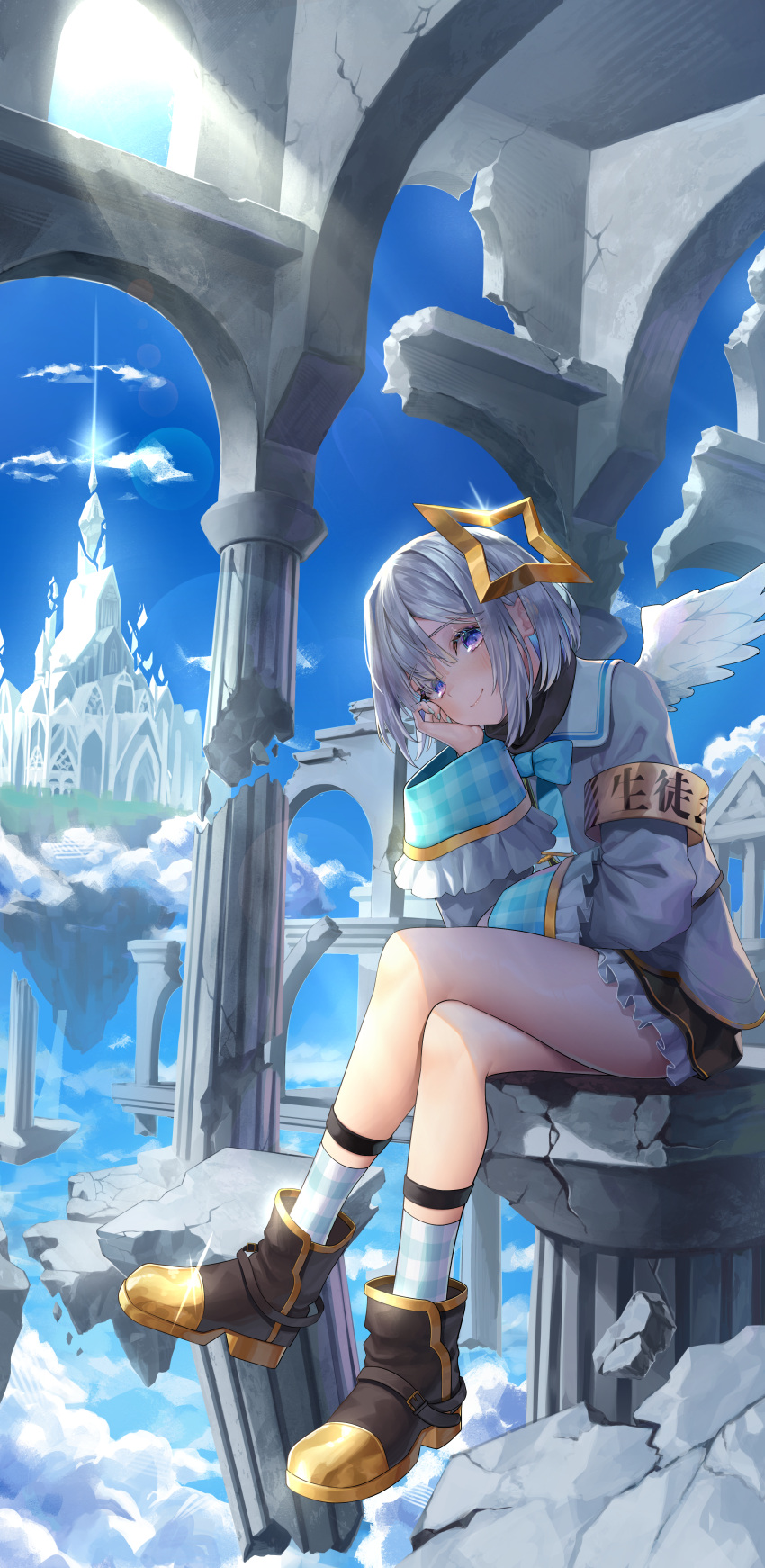 1girl absurdres amane_kanata angel_wings armband black_skirt blue_bow blue_bowtie blue_hair blue_nails blue_sky blush boots bow bowtie closed_mouth colored_inner_hair crossed_legs day feathered_wings frilled_skirt frills full_body grey_hair grey_jacket halo head_rest highres hololive jacket long_sleeves looking_at_viewer mini_wings miniskirt multicolored_hair nanaomi_(ryniix) outdoors puffy_long_sleeves puffy_sleeves purple_eyes sailor_collar short_hair sitting skirt sky smile socks solo star_halo sunlight virtual_youtuber white_sailor_collar white_wings wide_sleeves wings