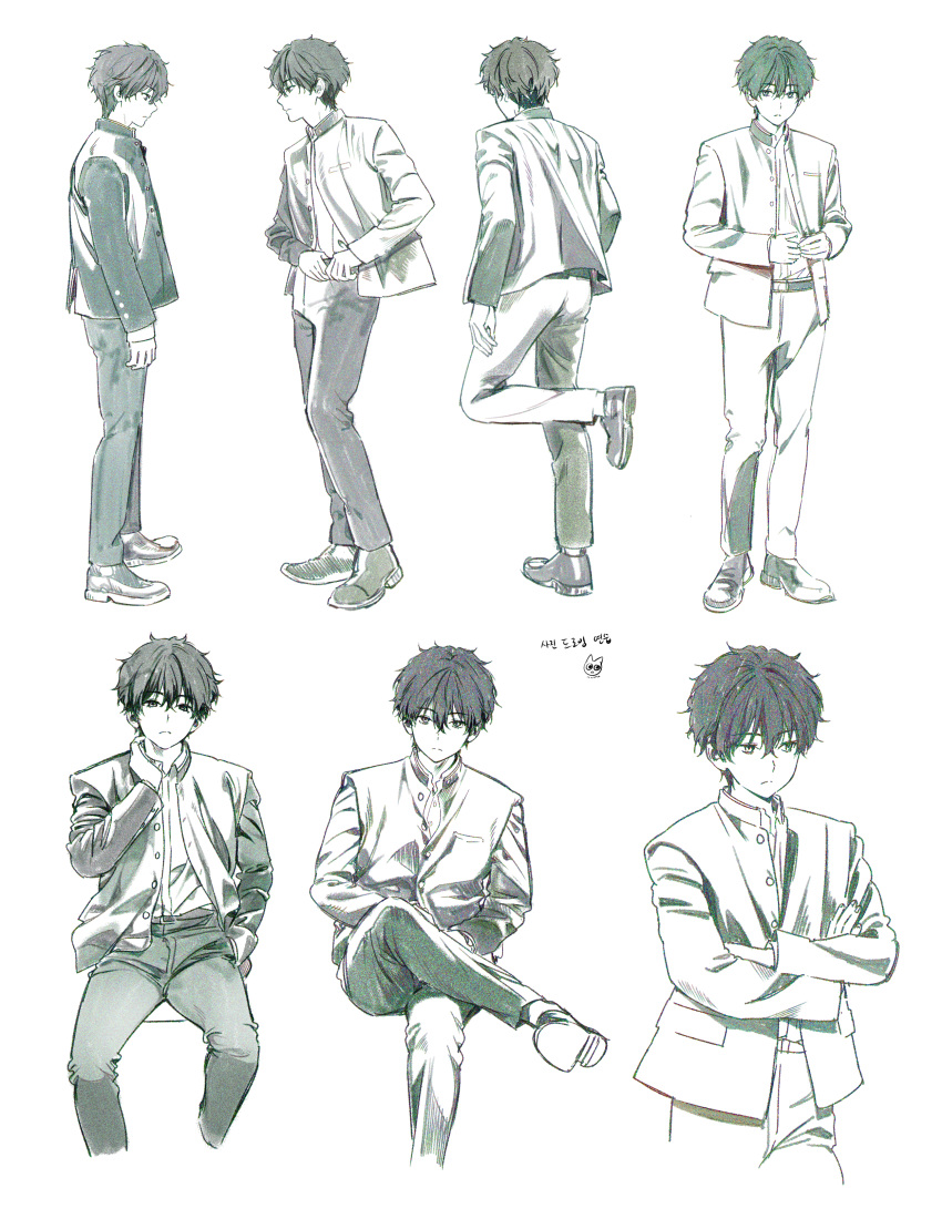 1boy absurdres artist_logo black_jacket black_pants brown_pants buttons commentary_request cropped_legs crossed_arms foot_up full_body gakuran highres hyouka invisible_chair jacket long_sleeves looking_at_viewer mery_(yangmalgage) multiple_views open_clothes open_jacket oreki_houtarou pants school_uniform shoes short_hair sitting standing translation_request unbuttoned_jacket