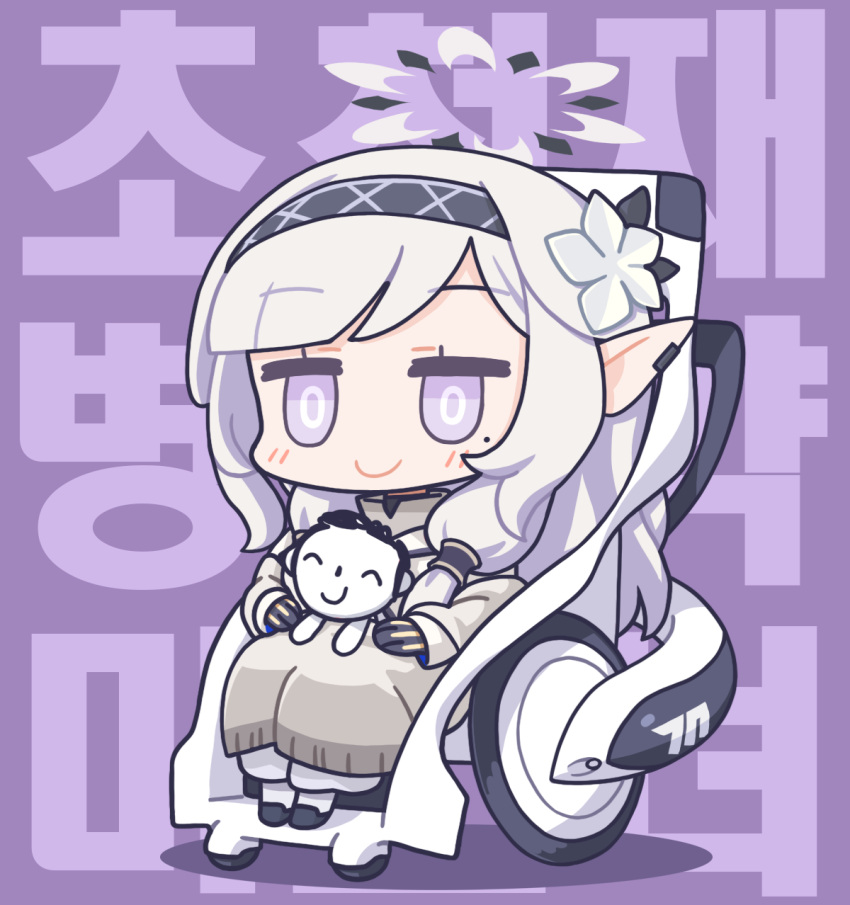 1girl arona's_sensei_doodle_(blue_archive) blue_archive blunt_bangs blush commentary dress earclip grey_dress grey_hair halo highres himari_(blue_archive) korean_text mole mole_under_eye pointy_ears purple_background purple_eyes ran_system sensei_(blue_archive) simple_background sitting smile text_background wheelchair