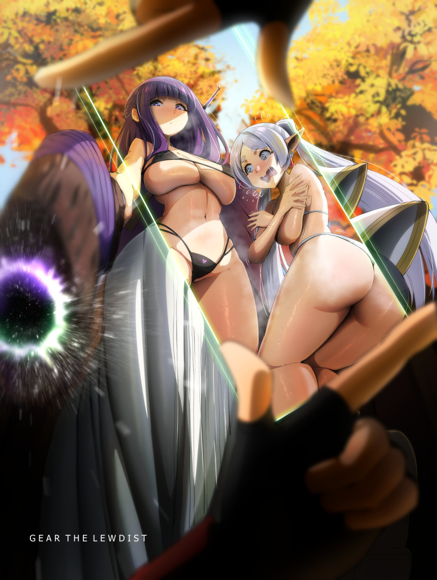 @_@ absurdres ass bikini bikini_under_clothes black_bikini black_gloves blunt_bangs breasts cedric_(gear_art) crossed_arms dress drop_earrings earrings elf embarrassed english_commentary fern_(sousou_no_frieren) finger_frame fingerless_gloves flying_sweatdrops frieren glaring gloves green_eyes highres holding holding_staff incoming_attack jewelry large_breasts long_dress long_hair looking_at_breasts mage_staff magic navel open_mouth outdoors parted_bangs petite pointy_ears pov purple_eyes purple_hair shaded_face short_eyebrows sidelocks small_breasts sousou_no_frieren staff stark_(sousou_no_frieren) straight_hair string_bikini swimsuit tree twintails underboob white_bikini white_dress white_hair x-ray