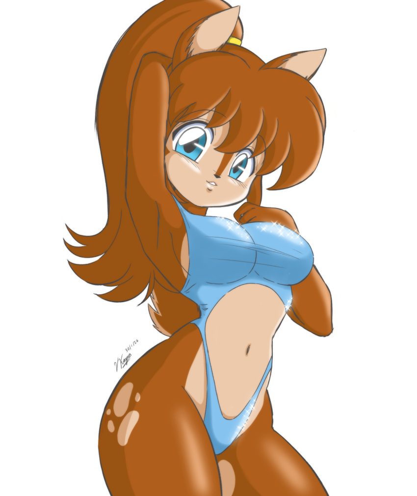 anthro blue_eyes brown_body brown_fur clothing crop_top deer female fur hair hand_behind_head hand_on_chest hi_res looking_at_viewer mammal markings one-piece_swimsuit ponytail seductive shirt simple_background solo swimwear tan_markings topwear unknown_artist white_background