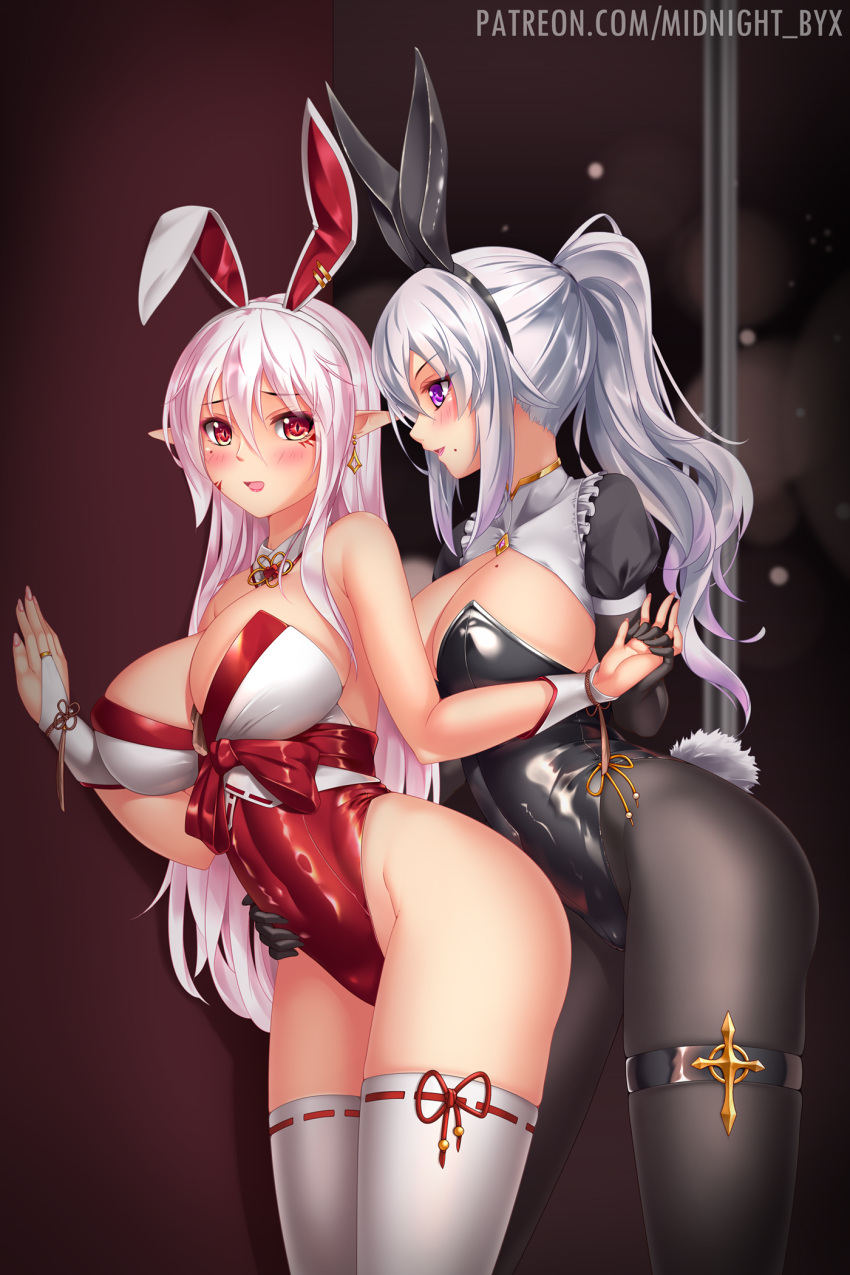 2girls animal_ears black_gloves black_pantyhose blush breasts bridal_gauntlets detached_collar earrings elbow_gloves facial_mark fake_animal_ears gloves highres huge_breasts jewelry large_breasts leotard long_hair midnight_(banyex) multiple_girls nontraditional_miko original pantyhose pink_hair playboy_bunny pointy_ears ponytail purple_eyes rabbit_ears rabbit_tail red_eyes strapless strapless_leotard tail thighhighs web_address white_hair white_thighhighs yuri