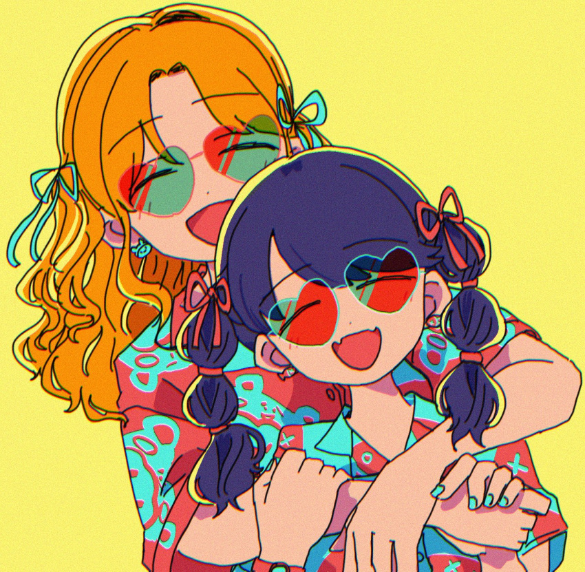 2girls black_hair blue_nails blue_ribbon blue_shirt blush bow breasts brown_hair dot_nose earrings fangs fukumaru_koito hair_bow hair_ribbon hand_grab heart heart-shaped_eyewear highres ichikawa_hinana idolmaster idolmaster_shiny_colors jewelry large_breasts long_hair looking_at_viewer multiple_girls nuime open_mouth parted_bangs print_shirt red_ribbon red_shirt ribbon shirt short_sleeves simple_background skin_fangs small_breasts smile sunglasses twintails upper_body watch wristwatch yellow_background