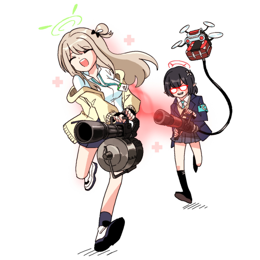 2girls ayane_(blue_archive) blue_archive closed_eyes crossover drone gatling_gun glasses halo heavy_(tf2) highres id_card lanyard m134_minigun medi_gun medic_(tf2) multiple_girls nonomi_(blue_archive) parody school_uniform syk team_fortress_(series) team_fortress_2