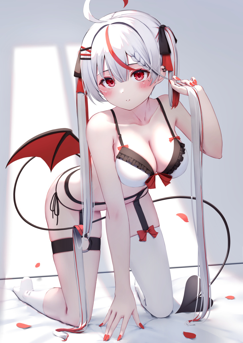 1girl absurdres all_fours arm_support bent_over bra braid braided_bangs breasts bunching_hair byakko_(lock_heart) cleavage colored_inner_hair demon_tail double-parted_bangs full_body grey_hair hair_ribbon highres kneehighs looking_at_viewer medium_breasts mole mole_under_eye multicolored_hair nyan_(reinyan_007) o-ring o-ring_thigh_strap original red_hair ribbon single_kneehigh single_sock single_thighhigh skindentation socks solo tail thigh_strap thighhighs thighs twintails underwear underwear_only white_bra white_socks white_thighhighs