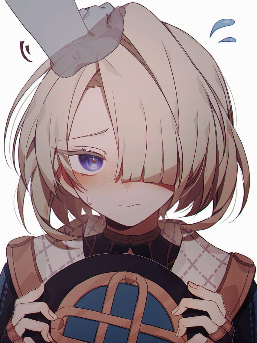 1boy 1other androgynous blonde_hair blue_eyes blush closed_mouth coojisan fingerless_gloves flying_sweatdrops freckles freminet_(genshin_impact) genshin_impact gloves grey_hair hair_over_one_eye headpat helmet highres holding holding_helmet looking_at_viewer male_focus nose_blush otoko_no_ko simple_background solo_focus sweat upper_body white_background