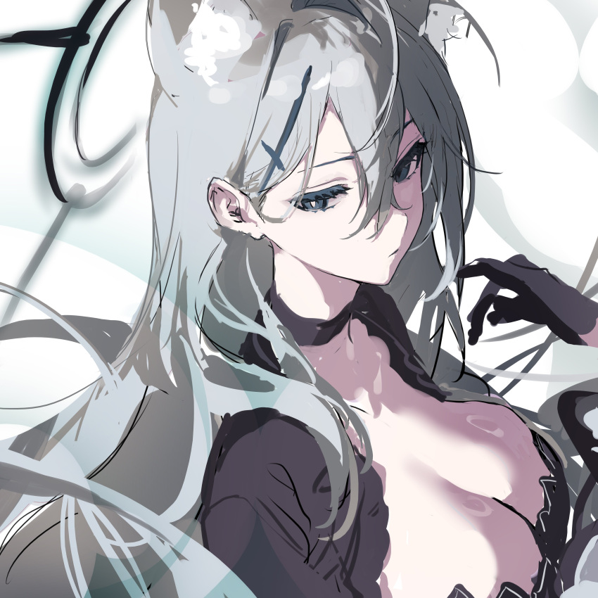 1girl absurdres animal_ear_fluff animal_ears black_choker black_dress black_gloves blue_archive breasts choker cleavage cross_hair_ornament dress gloves grey_hair hair_between_eyes hair_ornament halo highres large_breasts long_hair mismatched_pupils shiroko_(blue_archive) shiroko_(terror)_(blue_archive) shisantian simple_background sketch solo upper_body very_long_hair