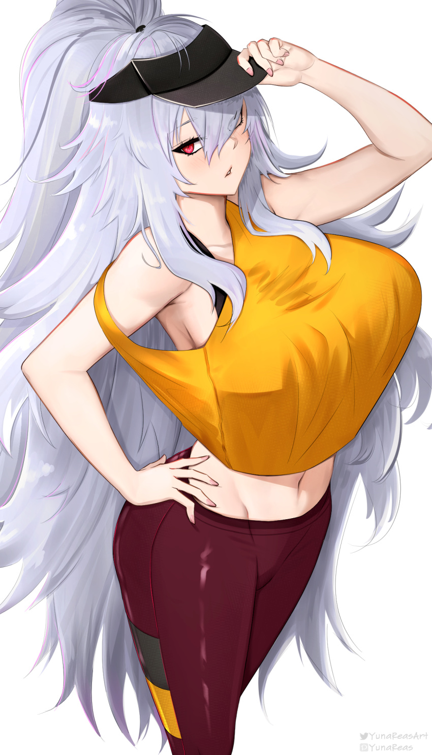 1girl azur_lane blush breasts collarbone eyebrows_hidden_by_hair graf_zeppelin_(azur_lane) hair_between_eyes hair_over_one_eye hand_on_own_hip highres large_breasts long_hair looking_at_viewer navel off_shoulder red_eyes simple_background solo sportswear stomach tight_clothes very_long_hair visor_cap white_background white_hair yunareas