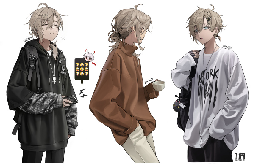 1boy :&lt; =3 alternate_costume backpack bag black_gloves black_hoodie blue_eyes cellphone charm_(object) closed_eyes closed_mouth cup ear_piercing fingerless_gloves gloves hair_between_eyes hair_ornament hair_over_shoulder hairclip hand_in_pocket highres holding holding_cup holding_phone hood hoodie kanae_(nijisanji) kuzuha_(nijisanji) layered_sleeves long_sleeves male_focus mole mole_under_eye multiple_views nang_z1 nijisanji pants parted_lips phone piercing red_eyes roto_(kanae) shirt signature simple_background smartphone sweat sweater turtleneck turtleneck_sweater twitter_username virtual_youtuber white_background