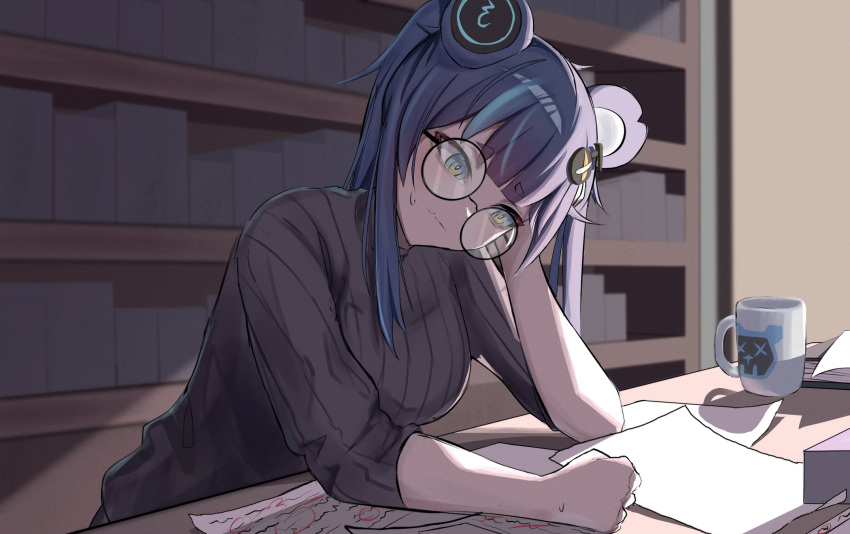 1girl animal_ears bear_ears black_hair black_sweater blue_eyes blue_hair bookshelf breasts clenched_hand commission cup fujikura_uruka glasses hair_ornament highres long_hair multicolored_hair paper phase_connect ribbed_sweater round_eyewear shadow silva_arts solo streaked_hair sweat sweatdrop sweater