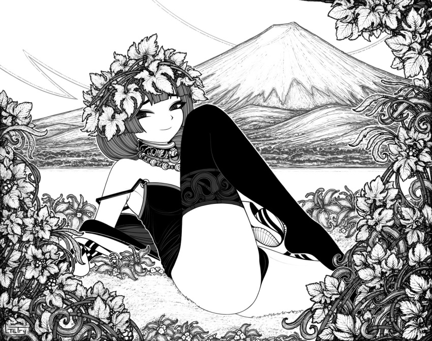 1girl arm_support ass black_shirt black_thighhighs bocchi_the_rock! clothes_pull collar greyscale hair_ornament highres hiroi_kikuri jacket lace-trimmed_legwear lace_trim lake leaf_hair_ornament leaning_back looking_at_viewer ltstry medium_hair metal_collar monochrome mountain off_shoulder open_clothes open_jacket outdoors panties shirt solo thighhighs underwear white_jacket