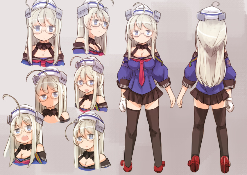 1girl ahoge asymmetrical_sidelocks black_sailor_collar black_skirt black_thighhighs blue_shirt breasts cleavage commentary_request dixie_cup_hat enjaku_izuku full_body gloves grey_eyes grey_hair hat heywood_l._edwards_(kancolle) heywood_l._edwards_kai_(kancolle) highres kantai_collection long_hair looking_at_viewer medium_breasts military_hat multiple_views neckerchief pleated_skirt red_neckerchief sailor_collar school_uniform serafuku shirt single_glove skirt standing thighhighs upper_body white_gloves white_headwear