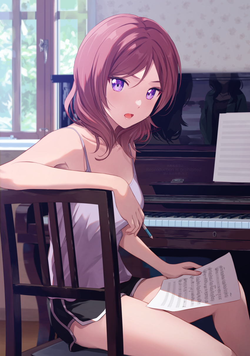 2girls arm_rest black_shorts camisole chair collarbone highres holding holding_paper holding_pencil instrument looking_at_another looking_at_viewer love_live! love_live!_school_idol_project multiple_girls nishikino_maki nishikino_maki's_mother open_mouth paper pencil piano purple_camisole purple_eyes red_hair reflection shamakho sheet_music short_shorts shorts sitting solo_focus thighs window