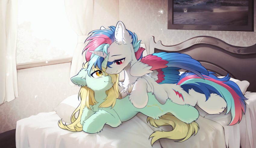 absurd_res ain_string_(oc) alternate_version_at_source blonde_hair blonde_mane blue_body blue_feathers blue_hair blue_mane blue_tail blush blush_lines cheek_tuft chest_tuft cutie_mark digital_media_(artwork) ear_tuft equid equine facial_tuft fan_character feathered_wings feathers female feral fluffy fur green_body green_fur hair hasbro hi_res horn leg_tuft lucent_starscape_(oc) male mammal mane multicolored_body multicolored_feathers multicolored_hair multicolored_mane multicolored_tail multicolored_wings my_little_pony pink_body pink_feathers pink_hair pink_mane pink_tail red_eyes smile swaybat tail tuft unicorn unicorn_horn white_body white_feathers white_fur winged_unicorn wings yellow_eyes yellow_tail