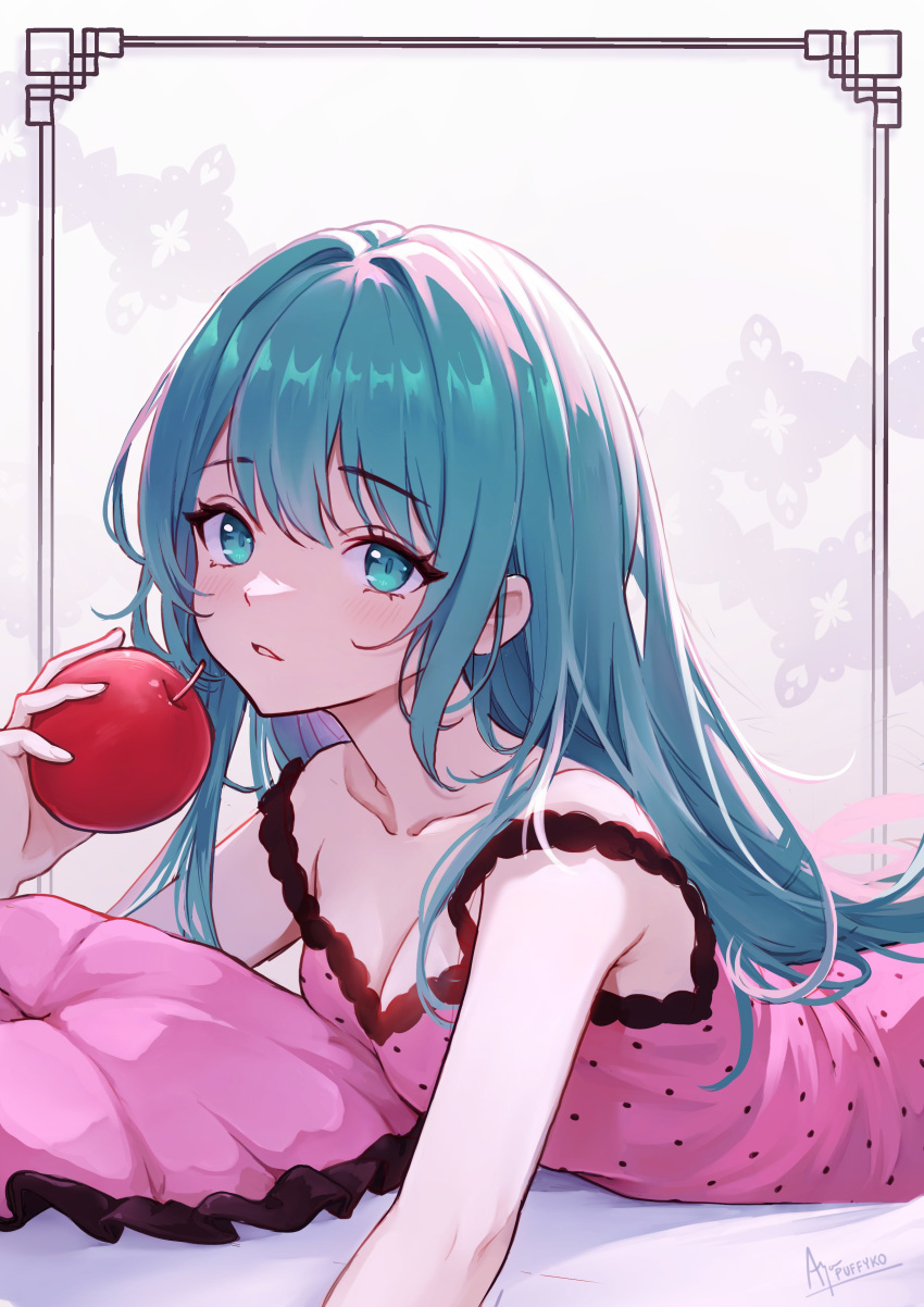 1girl absurdres apple aqua_eyes aqua_hair blush breasts cleavage collarbone cushion dumpling_aria_(artist) english_commentary eyelashes food foreshortening framed fruit hair_between_eyes hatsune_miku highres holding holding_food holding_fruit long_hair looking_at_viewer lying on_stomach romeo_to_cinderella_(vocaloid) shadow simple_background solo vocaloid