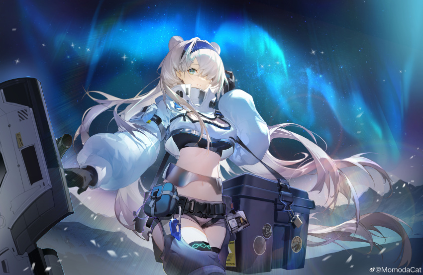 1girl absurdres animal_ears arknights aurora aurora_(arknights) bear_ears bear_girl belt belt_buckle black_belt black_gloves black_shirt blue_hairband buckle container cowboy_shot crop_top floating_hair gloves grey_shorts hair_over_one_eye hairband hand_in_own_hair hand_up highres id_card incredibly_absurdres infection_monitor_(arknights) jacket light_blush long_hair long_sleeves midriff momodacat navel night one_eye_covered outdoors parted_lips pouch shield shirt shorts sky sleeve_cuffs star_(sky) starry_sky very_long_hair weibo_logo weibo_username white_hair white_jacket zipper zipper_pull_tab