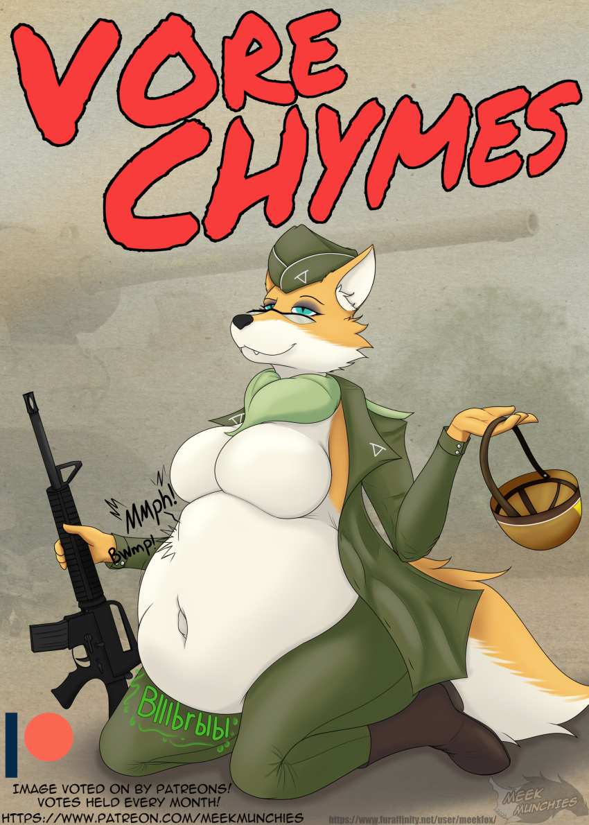 abdominal_bulge absurd_res anthro breasts canid canine clothed clothing clothing_aside english_text eyewear female fox glasses hi_res lt._fox_vixen mammal meekmunchies military_uniform navel organs partially_clothed pinup pose poster rumbling_stomach sek_studio solo squirrel_and_hedgehog stomach struggling_prey text uniform unwilling_prey url vore