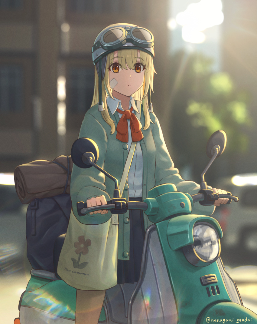 1girl bag bandaid bandaid_on_cheek bandaid_on_face black_skirt blonde_hair blurry brown_eyes closed_mouth collared_shirt commentary_request depth_of_field facing_viewer goggles goggles_on_headwear green_jacket hair_between_eyes hanagamigendai helmet highres jacket long_hair long_sleeves looking_ahead motor_vehicle motorcycle_helmet neck_ribbon on_scooter open_clothes open_jacket original outdoors pleated_skirt red_ribbon ribbon school_uniform scooter shirt shirt_tucked_in skirt solo standing sunlight sunrise twitter_username white_shirt