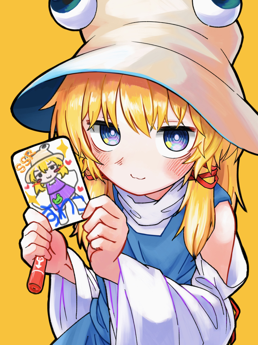 1girl absurdres animal_print blonde_hair blue_vest card crayon dress frog frog_hair_ornament frog_print grey_eyes hair_ornament hat highres holding holding_card holding_crayon looking_at_viewer moriya_suwako neritch off-shoulder_dress off_shoulder rope shimenawa solo touhou vest wide_sleeves yellow_background