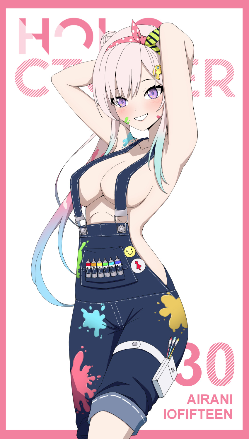 1girl absurdres airani_iofifteen airani_iofifteen_(1st_costume) arms_behind_head arms_up blue_hair blush border breasts character_name daydarion english_commentary gradient_hair grin hair_bun hairband highres hololive hololive_indonesia holster long_hair looking_at_viewer medium_breasts multicolored_hair naked_overalls no_bra outside_border overalls paint_on_clothes paint_splatter paint_splatter_on_face paint_tube paintbrush palette_hair_ornament pink_border pink_hair pink_hairband purple_eyes side_ponytail sideless_outfit smile solo suspenders thigh_holster very_long_hair virtual_youtuber white_hair yellow_hairband