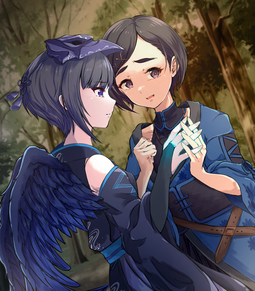 2girls black_hair black_wings blue_eyes clenched_hand feathered_wings forest hair_ornament hairclip highres idolmaster idolmaster_cinderella_girls interlocked_fingers japanese_clothes long_sleeves mask mask_on_head matsuo_chizuru multiple_girls nature outdoors purple_eyes shirayuki_chiyo sonakao wings