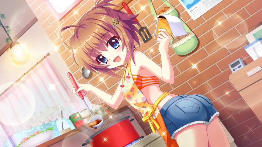 1girl ahoge apron ass bikini bikini_top_only blue_eyes bowl breasts brick_wall brown_hair can cooking cooking_pot denim denim_shorts dot_nose dutch_angle film_grain floral_print from_side game_cg hair_ornament hairclip hanging_light heart holding holding_ladle holding_notepad indoors izumi_tsubasu kitchen ladle lens_flare looking_at_viewer non-web_source notepad official_art onion open_mouth orange_bikini plant potato print_apron re:stage! shikimiya_mana short_hair short_shorts shorts sidelocks small_breasts smile solo sparkle spatula spice spoon stove striped striped_bikini swimsuit vines yellow_apron