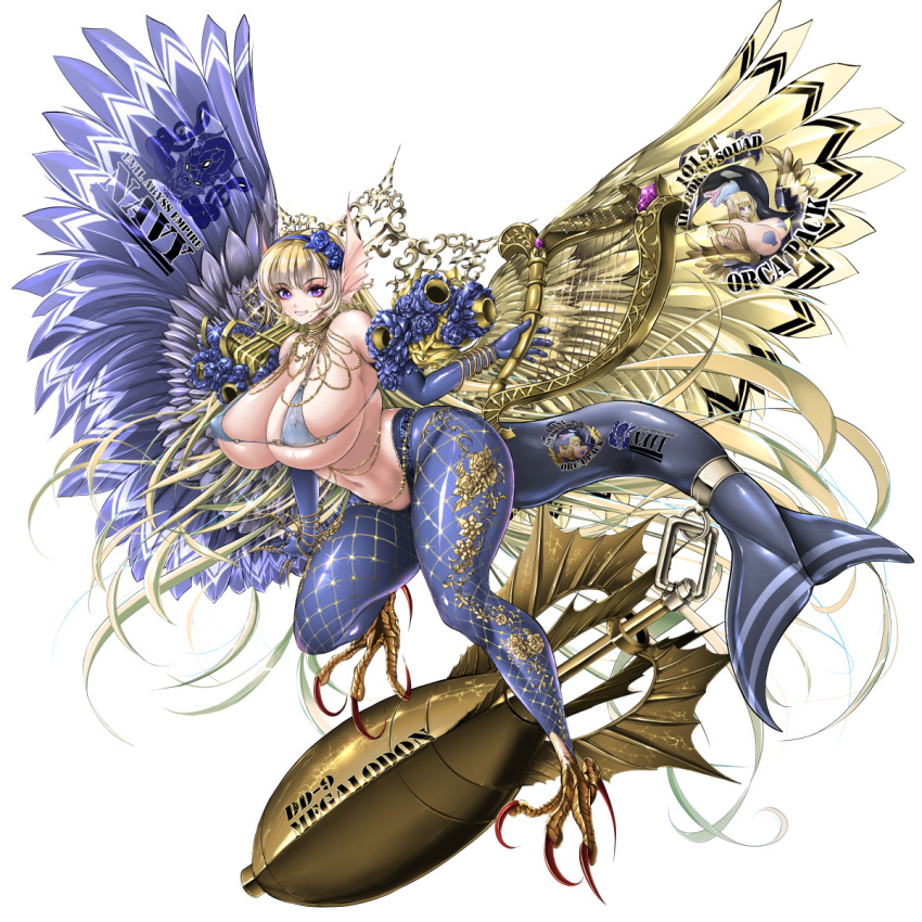 1:1 animal_humanoid armwear avian big_breasts blonde_hair blue_armwear blue_body blue_bottomwear blue_bra blue_clothing blue_elbow_gloves blue_feathers blue_flower blue_gloves blue_hairband blue_handwear blue_pants blue_underwear bottomwear bra breasts claws clothing ear_fins eden's_ritter_grenze elbow_gloves european_mythology feathered_wings feathers fin fish fish_humanoid fish_tail flower gloves greek_mythology hair handwear harp harpy hi_res huge_breasts humanoid hybrid marine marine_humanoid megaera_(eden's_ritter_grenze) musical_instrument mythological_avian mythology naglfar nose_art nuke pants pink_claws plant plucked_string_instrument purple_eyes string_instrument talons thick_thighs underwear wings yellow_body yellow_feathers