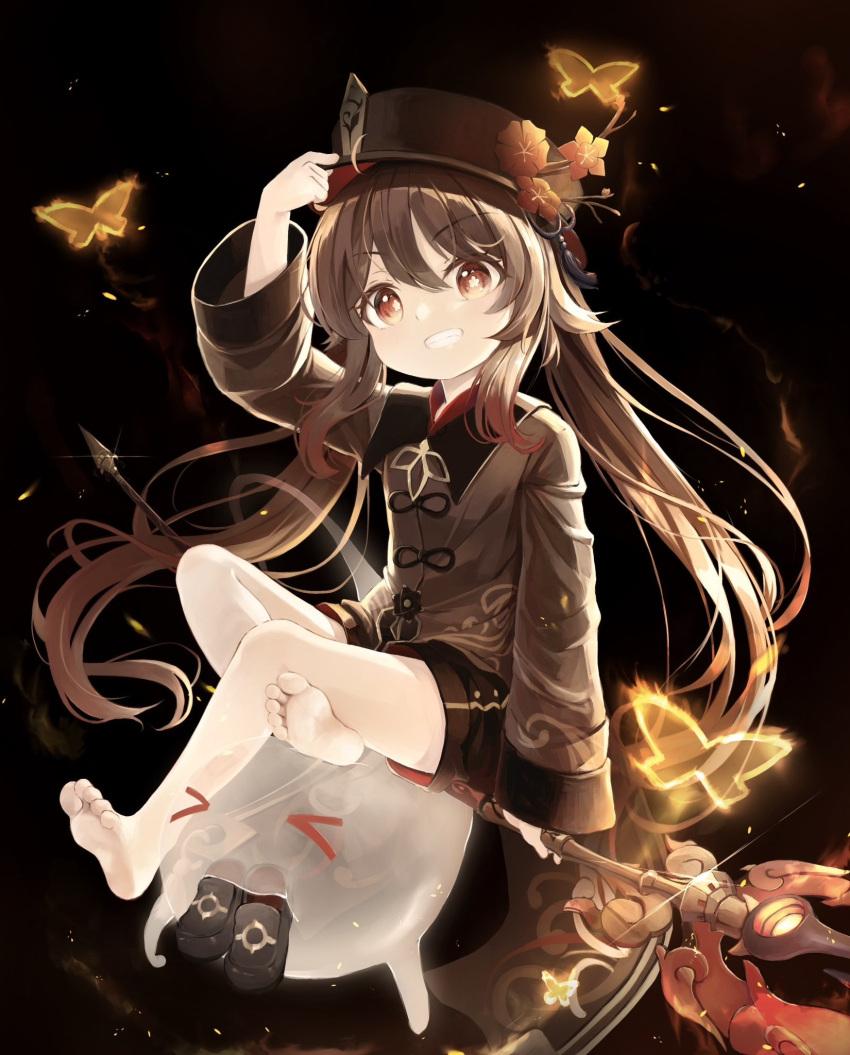 &gt;_&lt; 1girl aged_down animal arm_up barefoot black_footwear black_headwear black_shorts boo_tao_(genshin_impact) brown_hair brown_jacket bug butterfly commentary_request flower-shaped_pupils full_body genshin_impact ghost grin hair_between_eyes hand_on_headwear highres hu_tao_(genshin_impact) jacket loafers long_hair looking_at_viewer mouth_hold red_eyes red_shirt revision shirt shoes short_shorts shorts sitting smile soles solo staff_of_homa_(genshin_impact) symbol-shaped_pupils utatanecocoa very_long_hair