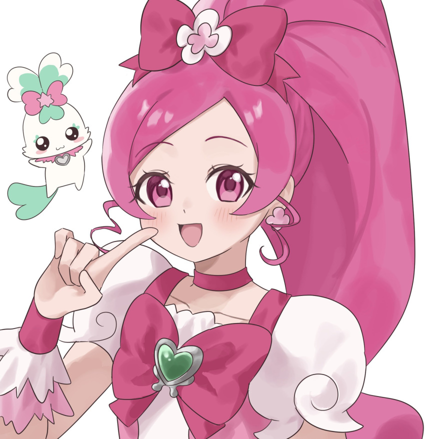 1girl :d blush bow brooch chypre_(heartcatch_precure!) collar commentary_request cure_blossom earrings eyelashes flower_earrings frills hair_bow hair_ornament hanasaki_tsubomi heart heart_brooch heartcatch_precure! highres index_finger_raised jewelry looking_at_viewer nemuiyoo00 open_mouth pink_collar pink_eyes pink_hair pointing pointing_at_self ponytail precure puffy_short_sleeves puffy_sleeves short_sleeves simple_background smile white_background wrist_cuffs