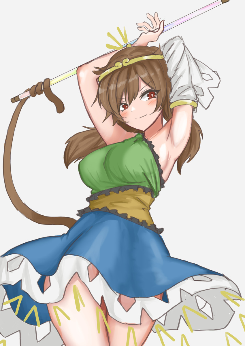 1girl absurdres armpits arms_behind_head arms_up bare_shoulders blush breasts brown_eyes brown_hair closed_mouth cowboy_shot detached_sleeves dress frilled_dress frills hair_ornament highres holding holding_staff holding_weapon kuraki looking_to_the_side medium_breasts medium_hair monkey_tail red_eyes sideboob simple_background single_sleeve sleeveless smile solo son_biten staff standing tail tail_wrap thighs touhou unfinished_dream_of_all_living_ghost weapon white_background