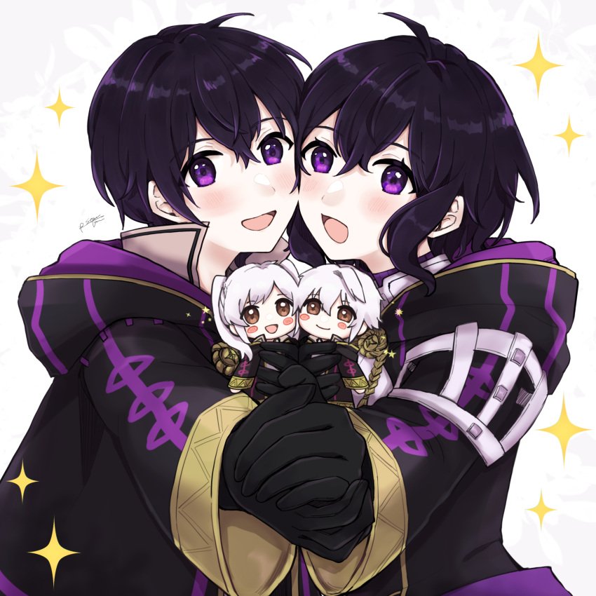 2boys 2girls :d absurdres ahoge black_gloves black_hair blush_stickers brown_eyes chibi chibi_inset father_and_daughter fire_emblem fire_emblem_awakening fire_emblem_heroes gloves highres hood jacket long_sleeves looking_at_viewer misato_hao morgan_(female)_(fire_emblem) morgan_(fire_emblem) morgan_(male)_(fire_emblem) mother_and_son multiple_boys multiple_girls open_mouth purple_eyes robin_(female)_(fire_emblem) robin_(fire_emblem) robin_(male)_(fire_emblem) short_hair signature smile white_hair