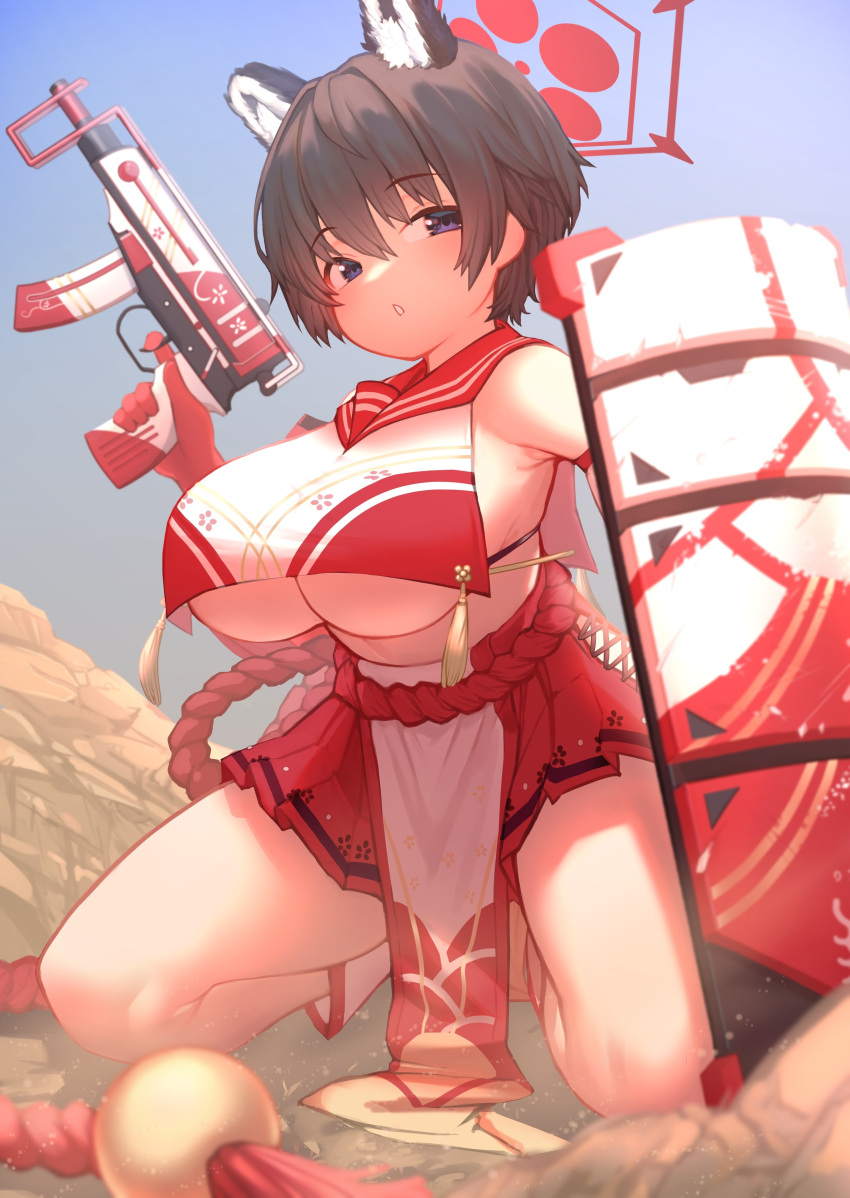1girl absurdres akuma_(st.takuma) animal_ears ballistic_shield black_eyes black_hair blue_archive blush breast_curtain breasts crop_top crop_top_overhang elbow_gloves gloves gun hair_between_eyes halo highres holding holding_gun holding_weapon kneeling large_breasts looking_at_viewer parted_lips pleated_skirt raccoon_ears red_gloves red_sailor_collar red_skirt revealing_clothes rock rope rope_belt sailor_collar shield shimenawa short_hair sideless_outfit simple_background skirt skorpion_vz._61 solo submachine_gun tassel thighs tsubaki_(blue_archive) two-tone_shirt underboob weapon