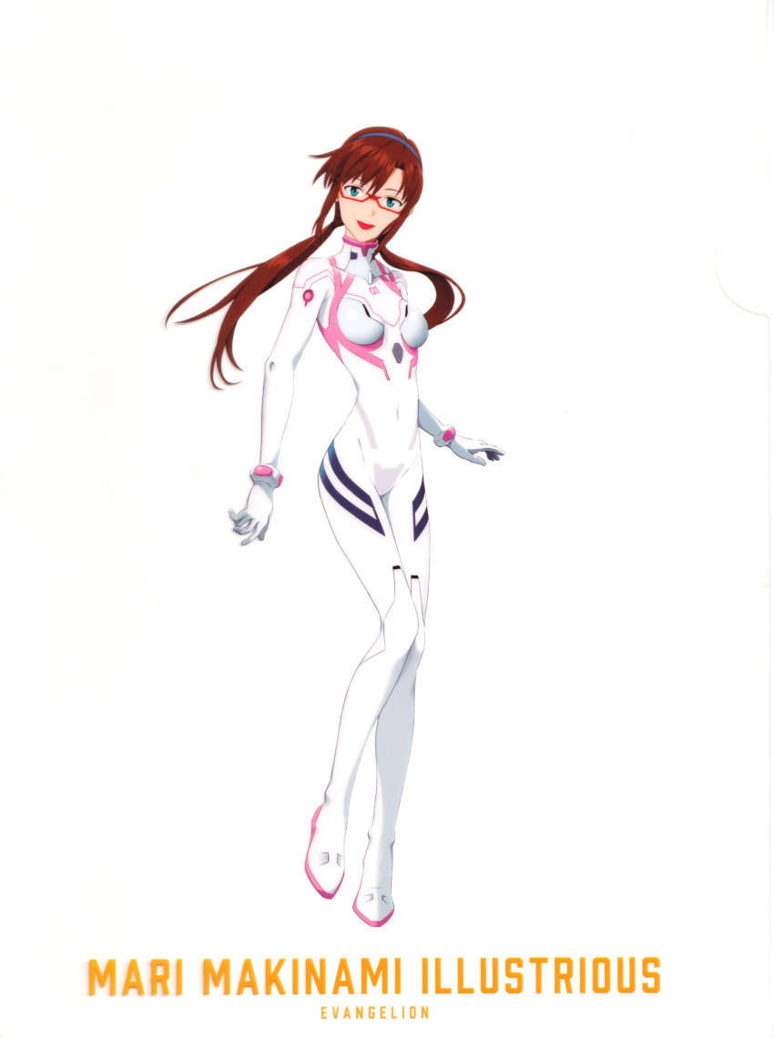 1girl :d absurdres artist_request blue_eyes bodysuit breasts brown_hair character_name copyright_name covered_navel evangelion:_3.0+1.0_thrice_upon_a_time full_body glasses hairband happy headband highres knees_together_feet_apart long_hair looking_at_viewer makinami_mari_illustrious medium_breasts neon_genesis_evangelion official_alternate_costume official_art open_mouth pilot_suit plugsuit rebuild_of_evangelion red-framed_eyewear scan simple_background smile solo standing twintails white_background white_bodysuit