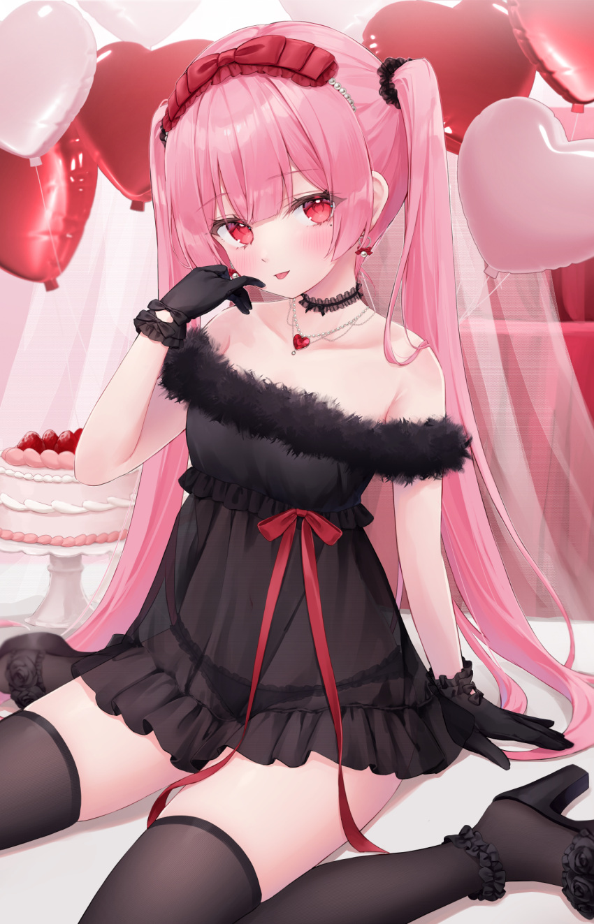 1girl balloon bare_shoulders black_choker black_dress black_footwear black_gloves black_panties brown_thighhighs cake choker closed_mouth dress earrings food frilled_dress frills fur_trim gloves hairband hand_up heart_balloon high_heels highres indie_virtual_youtuber jewelry lace-trimmed_panties lace_trim lingerie long_hair looking_at_viewer mole mole_under_eye necklace off-shoulder_dress off_shoulder panties pink_hair red_eyes red_ribbon ribbon see-through see-through_dress shano_hiyori short_dress sitting skindentation smile solo thighhighs thighs tongue tongue_out twintails underwear very_long_hair virtual_youtuber wariza