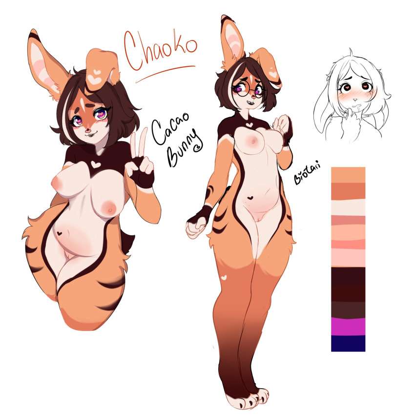 &lt;3 &lt;3_eyes 1:1 2021 5_fingers anthro areola artist_name biotari biped blush blush_lines breasts brown_body brown_fur brown_hair chaoko_(biotari) character_name color_swatch english_text eyebrows eyelashes eyewear feet female female_anthro fingers full-length_portrait fur genitals glasses hair heart_(marking) hi_res lagomorph leporid mammal multicolored_body multicolored_fur multiple_images nipples nude nude_anthro nude_female one_ear_up portrait pussy rabbit round_glasses short_hair simple_background solo text thigh_tuft tuft white_background white_body