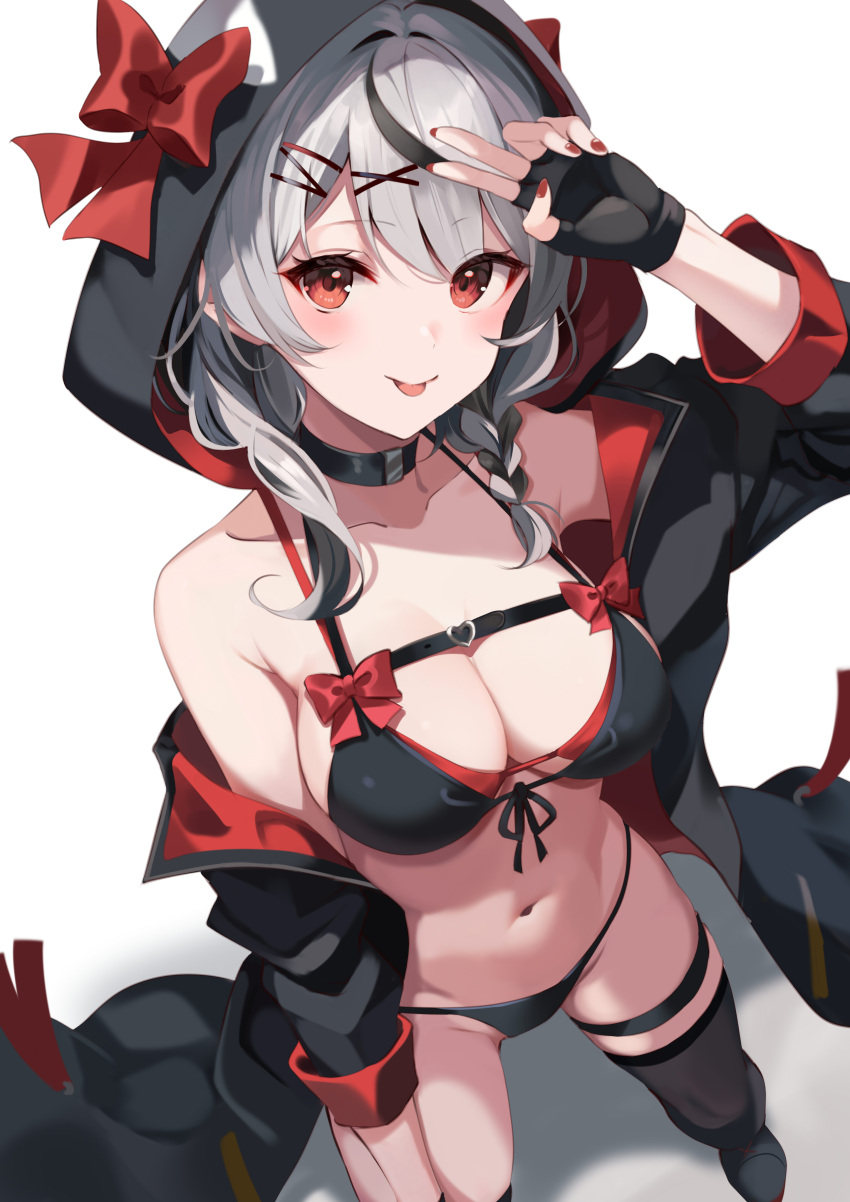 1girl absurdres bare_shoulders bikini black_bikini black_gloves bow braid breasts cleavage fingerless_gloves from_above gloves grey_hair hair_over_shoulder highres hololive hood hood_up hoodie kujou_ichiso large_breasts layered_bikini looking_at_viewer multicolored_hair navel open_clothes open_hoodie red_eyes red_nails sakamata_chloe simple_background smile solo streaked_hair swimsuit thigh_strap tongue tongue_out v virtual_youtuber white_background