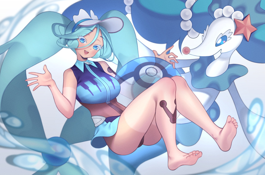 1girl absurdly_long_hair absurdres ball barefoot beachball blue_eyes blue_hair blush colored_eyelashes floating graynacht hatsune_miku highres long_hair looking_at_viewer open_mouth pokemon pokemon_(creature) primarina project_voltage teeth upper_teeth_only very_long_hair visor_cap vocaloid water_miku_(project_voltage) white_headwear zipper_pull_tab