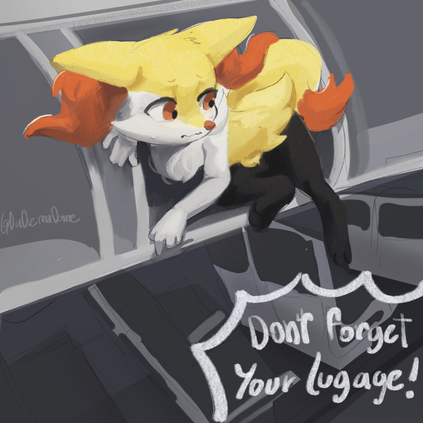 aircraft airplane airplane_interior ambiguous_gender anthro anthrofied black_body black_fur braixen dadiemadame english_text forgotten fur generation_6_pokemon hi_res multicolored_body multicolored_fur nervous nintendo nude pokemon pokemon_(species) pokemorph red_eyes signature solo speech_bubble text unseen_character white_body white_fur yellow_body yellow_fur