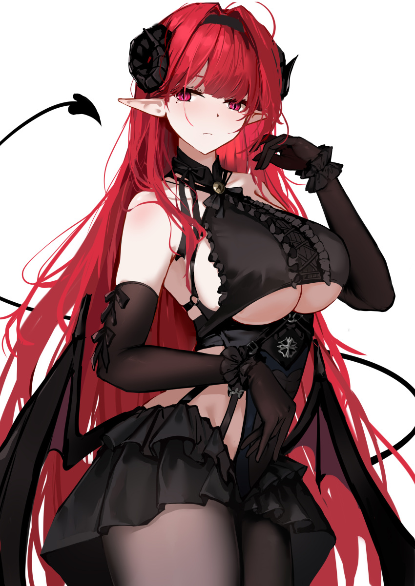 1girl absurdres ahoge azur_lane black_dress black_gloves black_hairband black_pantyhose black_wings blush breasts closed_mouth collarbone cowboy_shot demon_girl demon_horns demon_tail demon_wings dress elbow_gloves gloves hairband highres hindenburg_(azur_lane) horns huijin_zhi_ling large_breasts long_hair looking_at_viewer low_wings mole mole_under_eye pantyhose pink_eyes red_hair revealing_clothes simple_background tail underboob very_long_hair white_background wings
