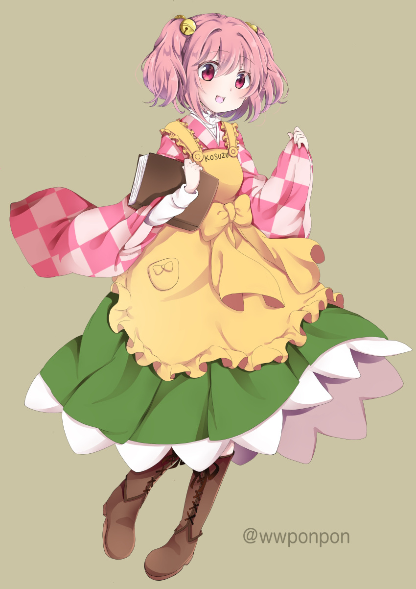 1girl :d absurdres apron bell book brown_background brown_footwear character_name checkered_clothes checkered_kimono clothes_writing commentary_request commission cross-laced_footwear full_body green_skirt hair_bell hair_ornament highres holding holding_book japanese_clothes kimono long_sleeves looking_at_viewer motoori_kosuzu open_mouth ponta_(wwtaimeww) red_eyes red_hair simple_background skirt smile solo touhou twitter_username two_side_up wide_sleeves yellow_apron