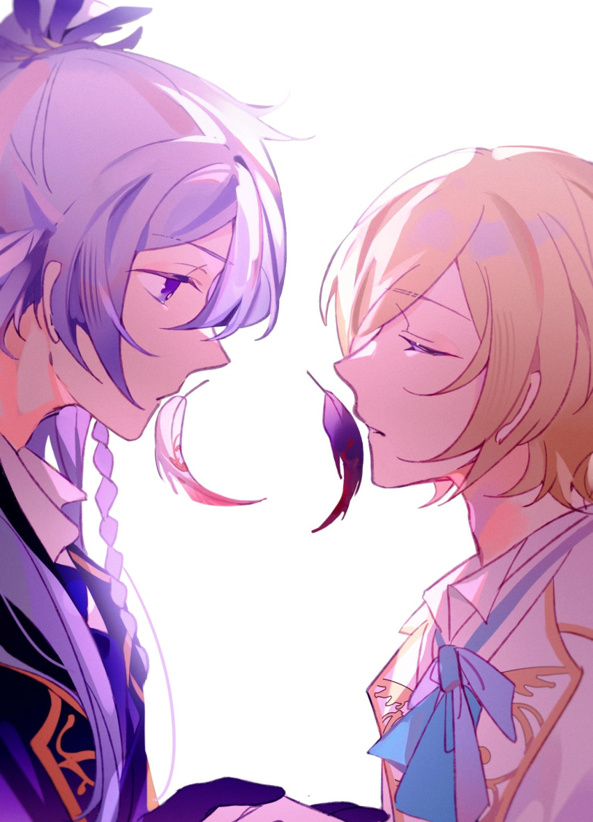 2boys black_feathers blonde_hair braid closed_eyes ensemble_stars! facing_another feathers hibiki_wataru highres holding_hands idol_clothes long_hair looking_at_viewer male_focus multiple_boys parted_lips purple_eyes purple_hair short_hair teeth tenshouin_eichi white_background white_feathers yaoi yuguo_iwi