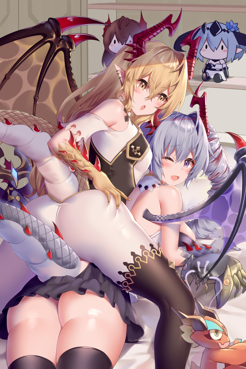 2girls 2others absurdres argente_purest_silver_(shadowverse) ass back bare_shoulders blonde_hair blush breasts chibi collar detached_collar digifriend draconir_(shadowverse_flame) dragon_girl dragon_horns dragon_tail dragon_wings feet_out_of_frame forte_(shingeki_no_bahamut) from_behind grey_hair hair_between_eyes highres horns long_hair looking_at_another looking_at_viewer looking_back lumiore_prestigious_gold_(shadowverse) lying miniskirt monster_girl multicolored_hair multiple_girls multiple_horns multiple_others on_bed one_eye_closed open_mouth pantyhose pleated_skirt pointy_ears presenting purple_eyes red_hair scales shadowverse shelf shingeki_no_bahamut shirt siblings sisters skirt smile spread_legs tail take_your_pick thick_thighs thighs watchdog_rol_(y1104280730) white_shirt whitefrost_dragonewt_filene wings yellow_eyes