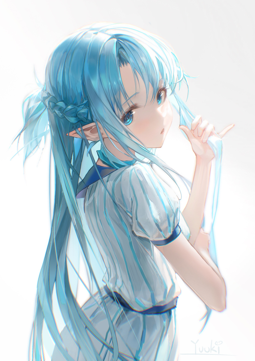 1girl absurdres artist_name asuna_(sao) asuna_(sao-alo) asymmetrical_bangs blue_eyes blue_hair braid dress facing_to_the_side fairy_(sao) french_braid from_side highres holding_own_arm looking_at_viewer open_mouth playing_with_own_hair pointy_ears short_ponytail short_sleeves simple_background solo sword_art_online white_dress yuuki_(yuuki08435994)